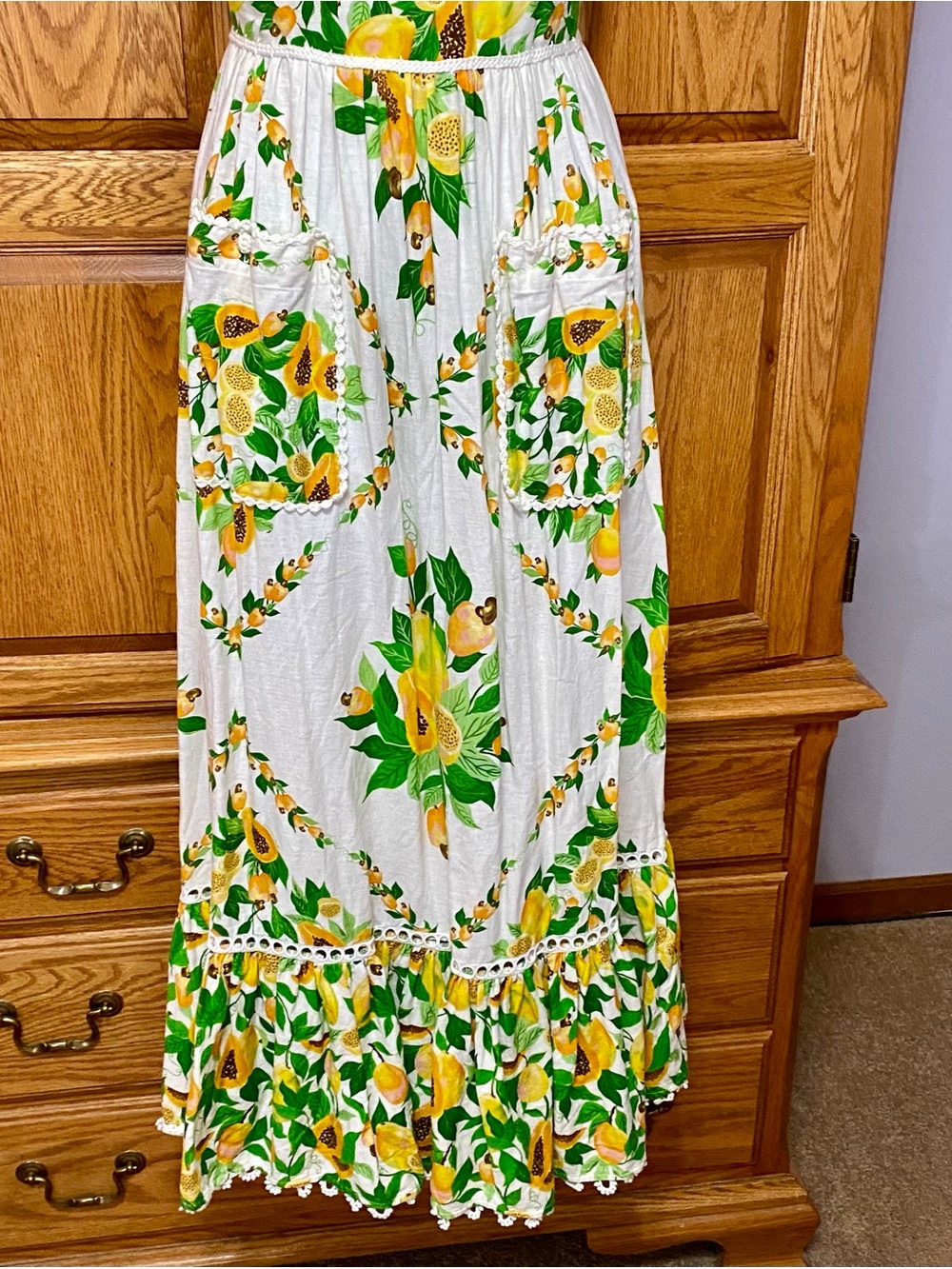 FARM Rio Papaya Salad Scarf Linen Blend Maxi Dress Off White Pockets Women XXS - Picture 3 of 17